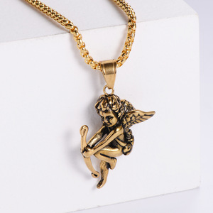 Pendentif ange Cupidon en acier inoxydable, collier pour hommes, design ailes rétro, bijoux cadeau - Product Image 3