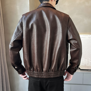 <b>Men</b>’s Fashion PU Leather Bomber Coat Turn-Down Collar Zip-Up <b>Utility</b> Pocket Casual <b>Jacket</b> - Product Image 6
