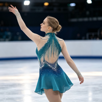 Robe de patinage artistique bleu turquoise dégradé à col halter, ornée de strass et de mailles, à manches longues, pour la compétition et les spectacles des adultes et des enfants