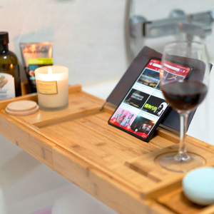 Caddy <span class=keywords><strong>de</strong></span> bain en bambou Plateau <span class=keywords><strong>de</strong></span> <span class=keywords><strong>baignoire</strong></span> en bois <span class=keywords><strong>Pont</strong></span> extensible avec support pour bougie Verre à vin Livre <span class=keywords><strong>Tablette</strong></span> Ipad Téléphone - Product Image 5