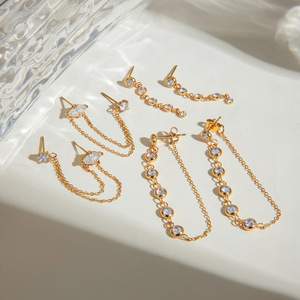 Pendientes colgantes de oro de 18 quilates, cadena de borlas de acero inoxidable, circonita redonda, para mujer, joyería de fiesta - Product Image 1