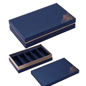 Emballage en carton rigide de luxe personnalisé de haute qualité Coffrets cadeaux bleus à couvercle amovible avec col