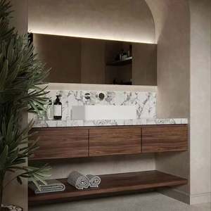 High-end Cherry Wood Color Waterproof Hotel <b>Bathroom</b> <b>Vanity</b> with Rock Slab Countertop Single/Double Sink - Product Image 4