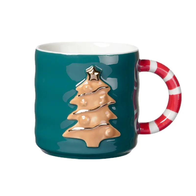 क्रिसमस ट्री ड्रिंकवेयर सिरेमिक 3 डी क्रिसमस मग के साथ ढक्कन चम्मच पानी कप सिरेमिक चाय कप क्रिसमस उपहार