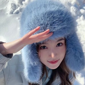 Gorro de invierno cálido y grueso de felpa para mujer, estilo Lei Feng, con orejeras, imitación de piel de visón del noreste, pelo largo, azul, gris, rosa - Product Image 1