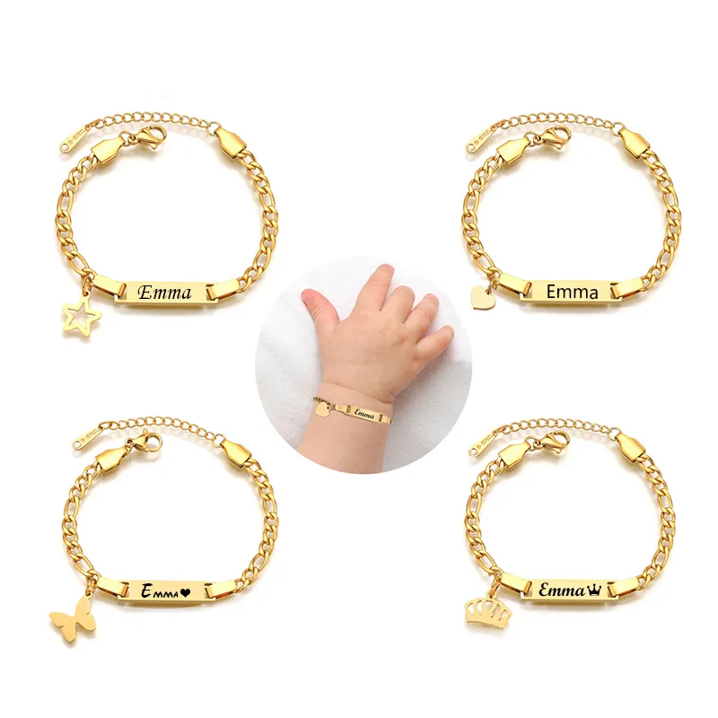 Merryshine Custom Tarnish Free Stainless Steel Baby Name Bracelets Personalized Curb Chain Link Charm Girls Boy Bracelet Gift