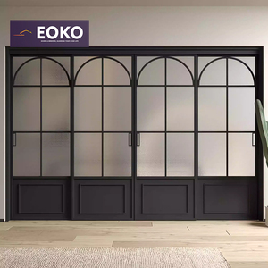 Puerta Corredera EOKO CE con Arco Superior, de Aluminio Negro, Estilo Crittall, con 4 Paneles y Panel Inferior, para Interiores Modernos y Lofts - Product Image 1