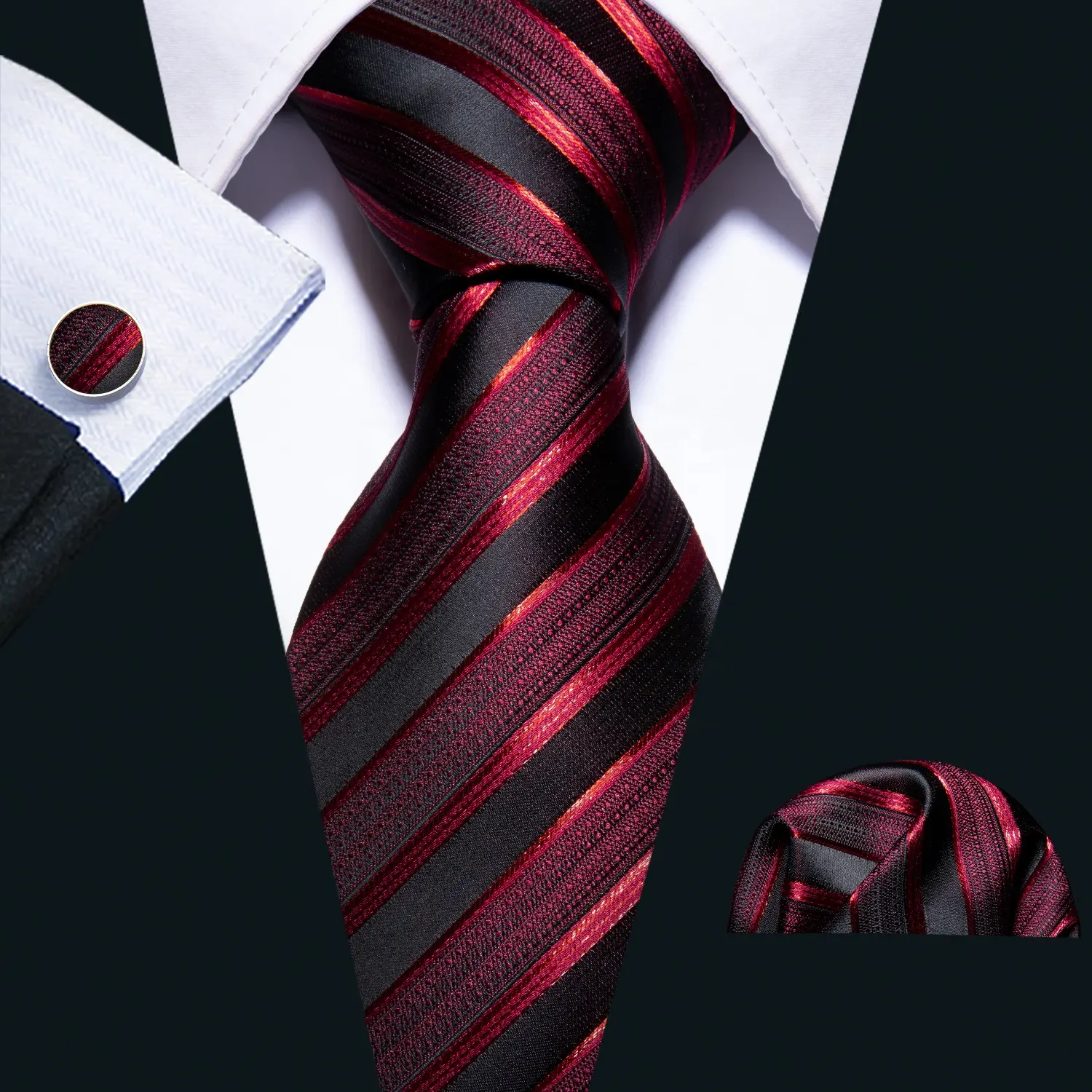 مخصص الجملة أزياء الزفاف الأعمال ربطة عنق حمراء مخطط الرجال رابطة عنق حرير العنق مجموعة منديل أزرار أكمام