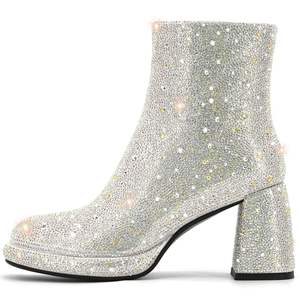 Mode femmes strass bottes gros bloc talon brillant plate-forme bottines paillettes chaussures mariage mariée - Product Image 2