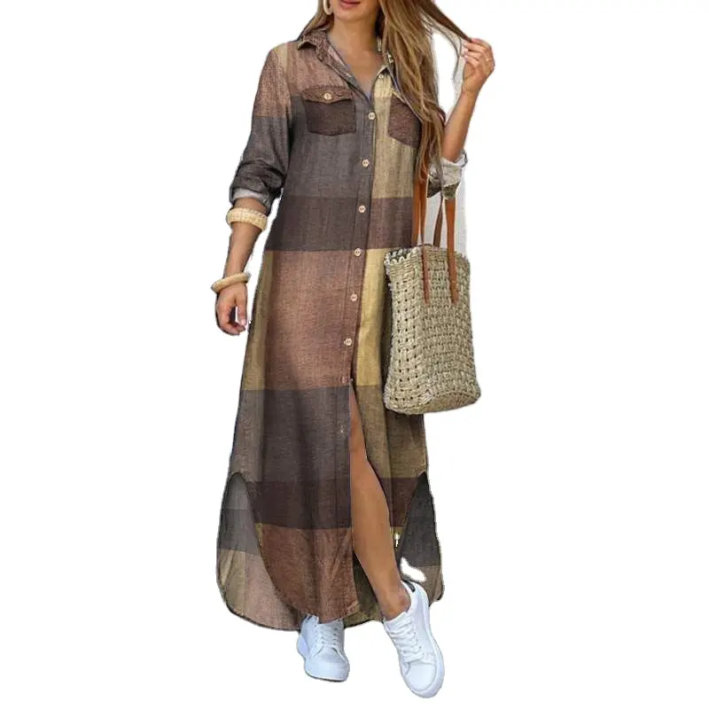 2023 Casual Multi Print Newspaper Dresses Single Breasted Long Sleeve Loose Shirt Dress for Women