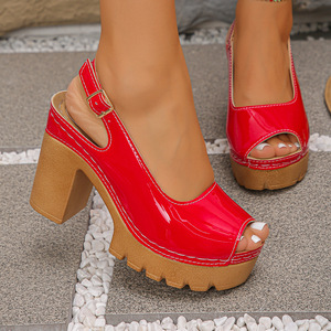 Sandali con tacco alto e plateau, tinta unita, taglie grandi, punta aperta, tacco spesso, da donna, con fibbia, punta bassa - Product Image 3