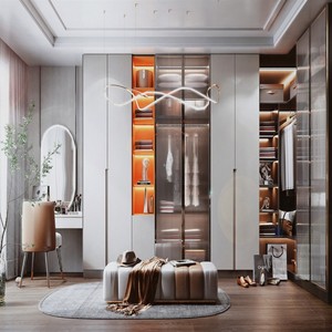 BALOM <span class=keywords><strong>Dressing</strong></span> Moderne Personnalisé en Bois Foncé avec Meuble-Lavabo Intégré et Armoire LED avec Porte Vitrée pour <span class=keywords><strong>Dressing</strong></span> à Domicile - Product Image 3