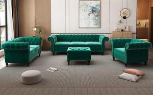 Divano in stile moderno 3 pezzi in velluto <span class=keywords><strong>verde</strong></span> Chesterfield Set 1 + 2 + 3 posti soggiorno divani componibili con bottone a ciuffo - Product Image 3