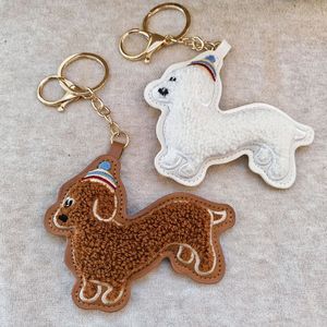Plush Embroidery Dachshund <b>Dog</b> Keychain Cute Cartoon Puppy KeyRing PULeather Bag Charm Gift for Women BackpackHandbag Decoration - Product Image 1
