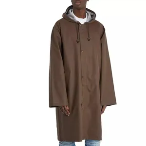 Пользовательские коричневый PU Длинная Куртка с капюшоном водонепроницаемый плащ