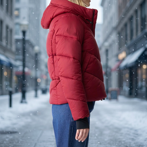 Veste matelassée à capuche rouge pour femme, manteau d'hiver coupe-vent, rembourrage en polyester, fermeture éclair décontractée, longueur normale - Product Image 2