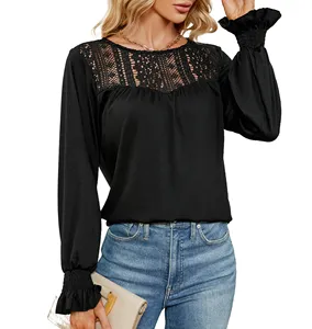 Blusa de trabalho de manga longa casual com retalhos de renda para mulheres, blusa elegante e fofa 2024