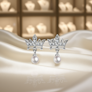 Pendientes elegantes con forma de corona y perlas artificiales, chapado en oro blanco, plata 925, joyería clásica de boda para mujer - Product Image 2