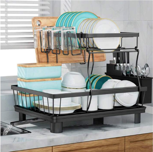 Égouttoir à vaisselle 2 niveaux en acier inoxydable noir, support de rangement de cuisine antirouille - Product Image 6