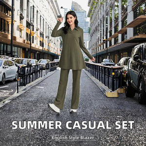 Women's 2-Piece Long <b>Set</b> Knitted 100% Polyester Solid Color Notched Collar Regular Fit Casual Full Length <b>Blazer</b> Top Pants - Product Image 2