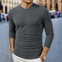 T-shirts en polyester 100% de haute qualité RTS, col en V personnalisé, manches longues, t-shirt noir pour homme, t-shirts unis surdimensionnés, vêtements