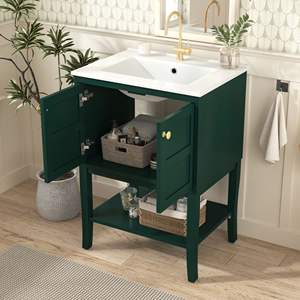 Tocador de baño DB de 24 pulgadas moderno con lavabo de cerámica superior Gabinete de almacenamiento de 2 puertas Tocador de fregadero individual para baños - Product Image 2