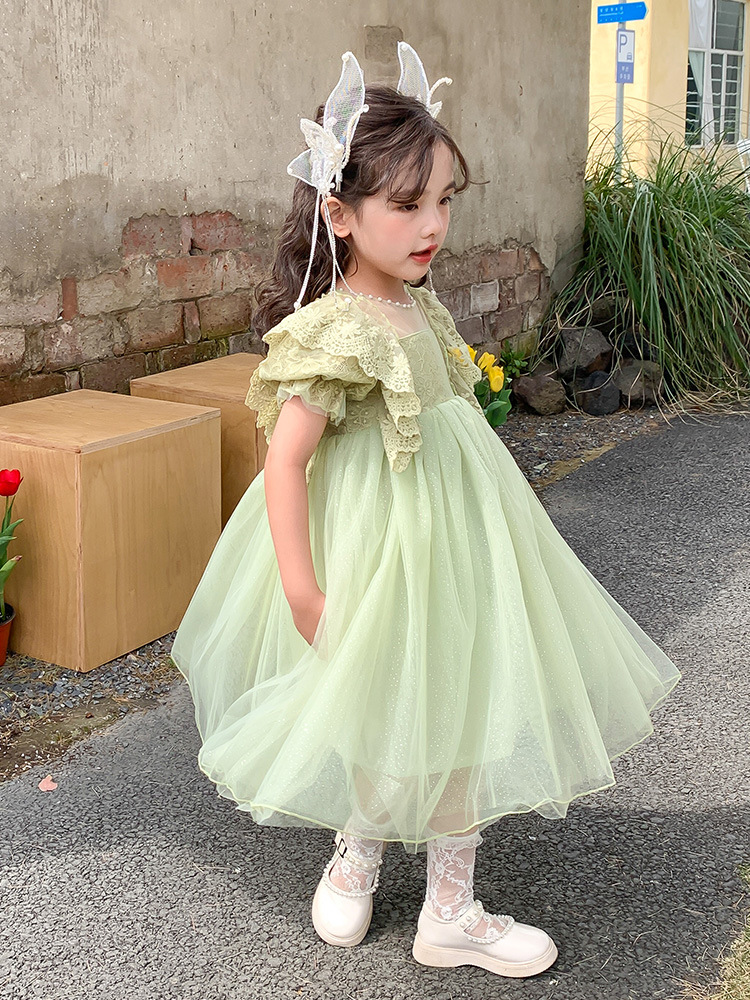 green emerald velvet dress Beige Floral Lace Modern Hanbok Dress in Light Green, F main image 1