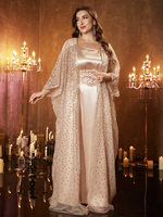 Robe Abaya turque en deux pièces pour femmes grandes tailles, col rond, manches chauve-souris, ceinture, longue, luxueuse, ornée de perles et de dentelle brodée