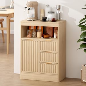 SMORBOSS Modern Oak Panel Coffee Bar Cabinet Fluted Design 3 Drawers Adjustable <strong>Shelf</strong> Rounded <strong>Edges</strong> Dining Room <strong>Living</strong> Room - Product Image 4