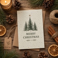 Carte de Noël en papier semence avec motif de verdure hivernale et de flocons de neige