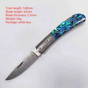 Wholesale Handmade Exquisite Shell Handle Backlock Damascus Folding Gift Knife For Outdoor Camping Hunting