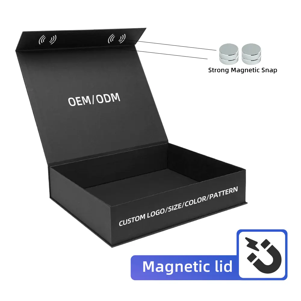 Paket Magnet hitam lipat besar mewah kotak hadiah kardus magnetik kaku kotak kemasan kertas untuk pakaian