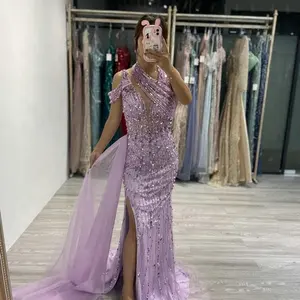 Elegant Halter Neck High Split Purple Beading Luxury Couture Evening Dress Designer 2023 Women Formal Birthday Party Gowns