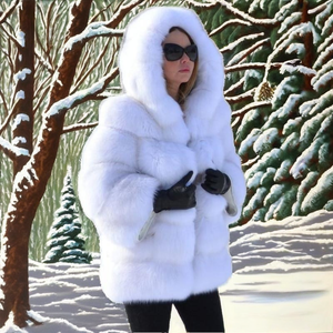 Abrigo con Capucha de Piel Sintética de Zorro para Mujer, Talla Grande, Teñido Liso, Antiarrugas, Grueso, Cálido, Estilo Vintage, para Invierno, Marca RHG - Product Image 2