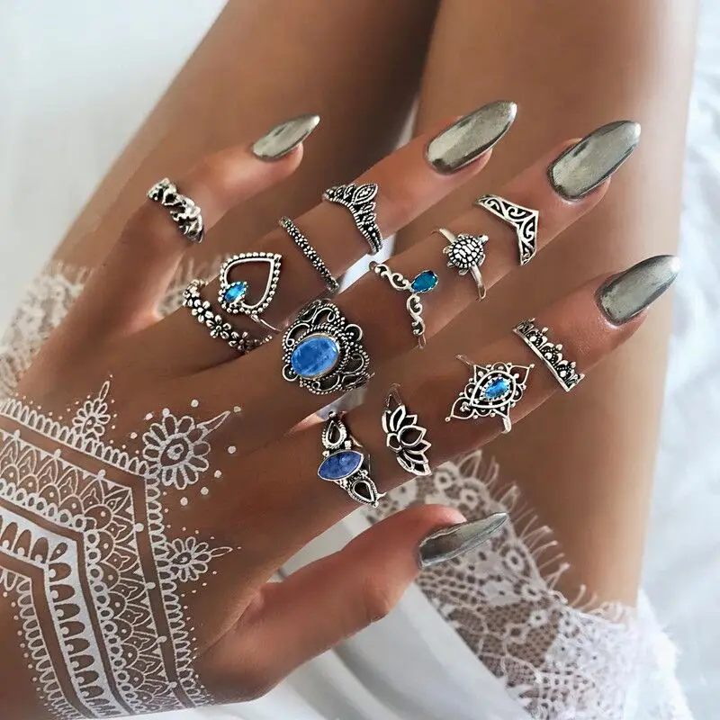 Grosir 100 Mode Gaya Boho Set Cincin Buku Jari Dapat Ditumpuk Perhiasan Cincin Kristal Wanita untuk Hadiah