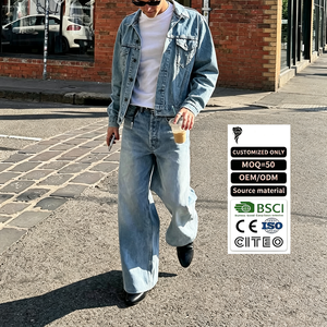 <b>Custom</b> Men High Quality Button up Light <b>Denim</b> <b>Denim</b> <b>Jacket</b> Set Loose Fit Casual Streetwear Two-Piece Outfit for Men - Product Image 1