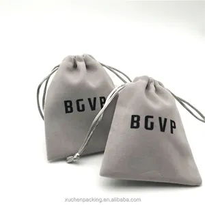 Fashionable Velvet Pouch With Logo Grey Drawstring Velvet Handbag for Earphone Jewelry Velvet Storage for Necklace