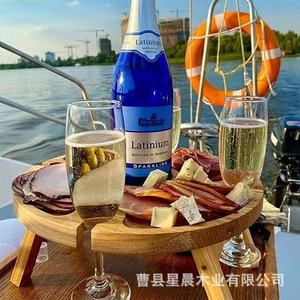 <b>Wooden</b> Outdoor Picnic <b>Table</b> Round <b>Foldable</b> Solid Wood Fruit Storage Tray With Wine Glass Holder - Product Image 2