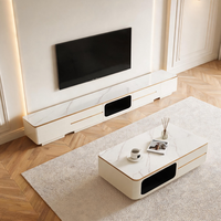 Ensemble de meuble TV de luxe, console multimédia avec plateau en pierre blanche et finition en métal doré, rangement avec tiroirs et table basse assortie