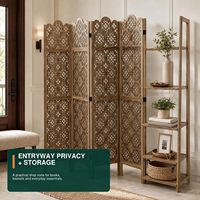 Paravent en bois sculpté à 4 panneaux avec 4 étagères |   Écran de séparation semi-transparent de style Art déco pour la décoration et le rangement