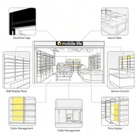 Solution complète de mobilier pour magasin d'accessoires de téléphonie mobile, étagères de présentation modulaires, comptoir de réparation en verre, éclairage personnalisé
