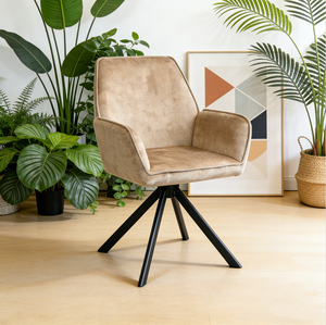 Fauteuil pivotant contemporain avec dossier haut, revêtement en velours <span class=keywords><strong>beige</strong></span> et pieds en métal noir pour les intérieurs modernes - Product Image 1