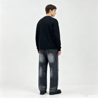 Jean multi-coupures pour homme, denim indigo foncé déchiré, coupe droite, coupe ample, poches pointues, délavé sur les cuisses, pour le quotidien