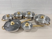 Batterie de Cuisine 12 Pièces en Acier Inoxydable, Ustensiles de Cuisine avec Couvercle en Verre et Poignée Couleur Or – Ensemble de Marmites et Casseroles