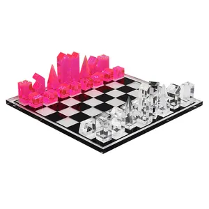 15.7 "x 15.7" 아크릴 체스 게임 보드 세트 아크릴 조각 휴대용 체스 보드 게임 성인과 어린이를위한 현대 탁상 체스 세트