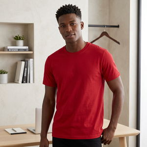 T-shirt en coton rouge à manches courtes et col rond pour homme, coupe classique, décontracté, couleur unie, tricot jersey, design uni teint - Product Image 1