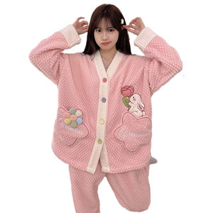 Pyjama dessin animé en velours rose pour filles automne et hiver avec velours et ensemble épais nouveau vêtement de maison chaud en flanelle - Product Image 6