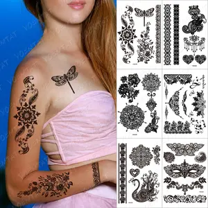 Libellule fleur dentelle henné tatouage autocollant noir transfert d'eau tatouages temporaires imperméable