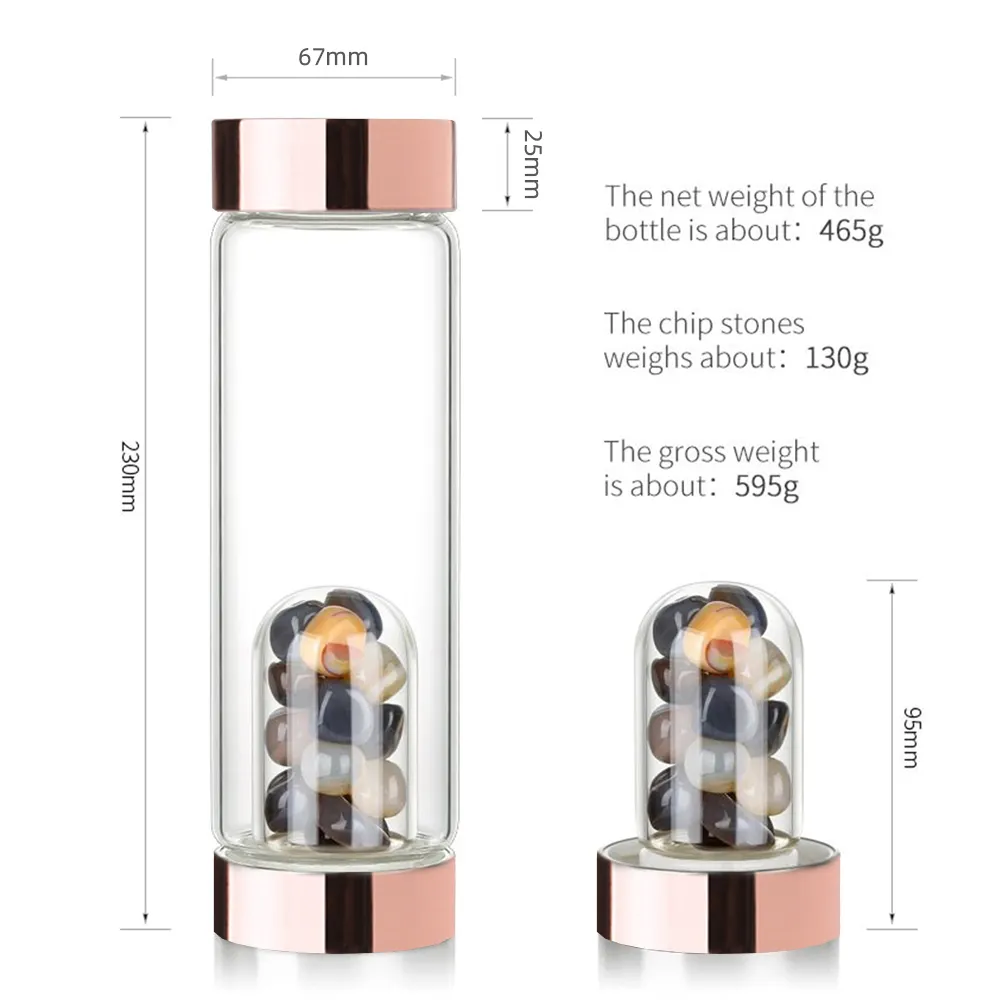 Toptan özel yapmak doğal gem taş su şişesi gül altın kapak cam vücut taş şifa kristal su şişesi