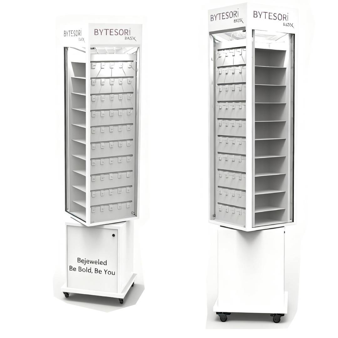 Metal Based Floor Jewelry Display Stand with Lockable Storage for Retail Jewelry Outlets